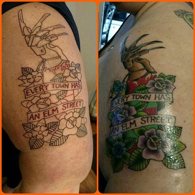 Another #masterpiece from Jon Fetch at #againstthegrainbodyart! #onetwofreddyscomingforyou #newtattoo #outline #shading #color #beautiful #traditionaltattoo - Julie Zetz 🇮🇹💕 (@jccst9)