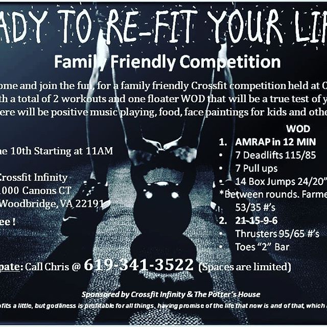 Last call for anyone looking to have some fun this weekend 10JUN.  If you are anywhere near the Woodbridge, VA or Washington, DC area come and join in on this family friendly competition. #crossfit #christfit #fit2faith #jesussaves #1timothy48 #fitness #fitnessmotivation #woodbridgeva #washingtondc #pwcpd @pwcpolice. - Max Muscle Visalia (@c_arod)